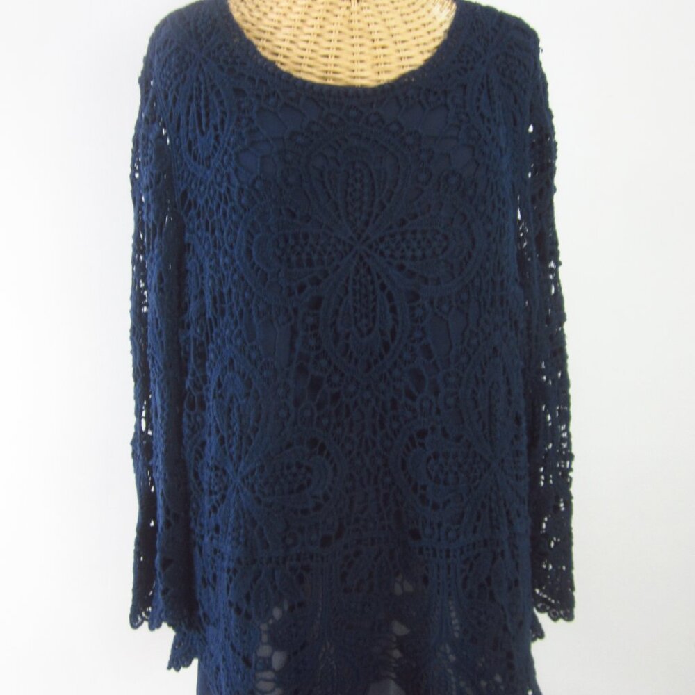 Chicos 3 Womens XL Navy Blue Cotton Lace Long Bell Sleeve Lined Tunic Top Shirt